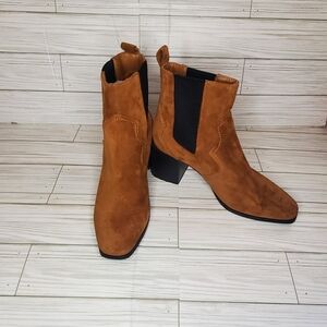 Suede Brown Tan Black Slip On Ankle Boot 7 Country Casual Chic Rodeo Date
